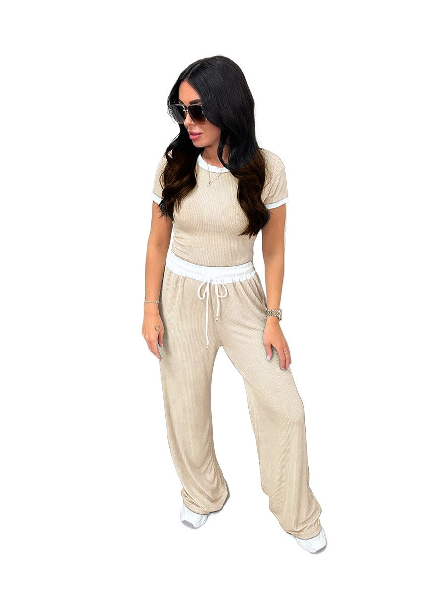 Round Neck Contrast Color Short Sleeve Women's Fashion Casual Wide Leg Pants Sports Suit