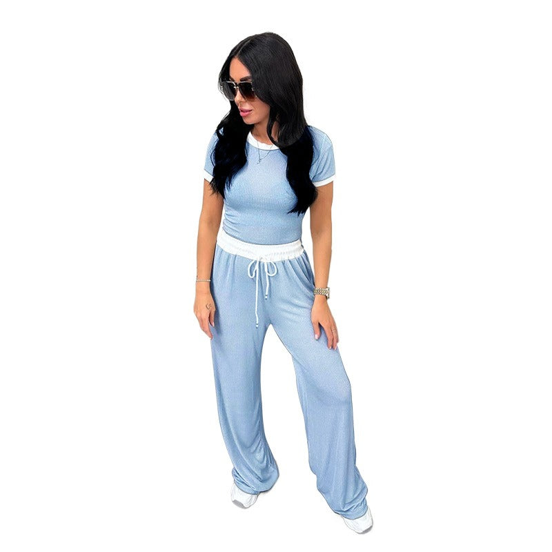 Round Neck Contrast Color Short Sleeve Women's Fashion Casual Wide Leg Pants Sports Suit