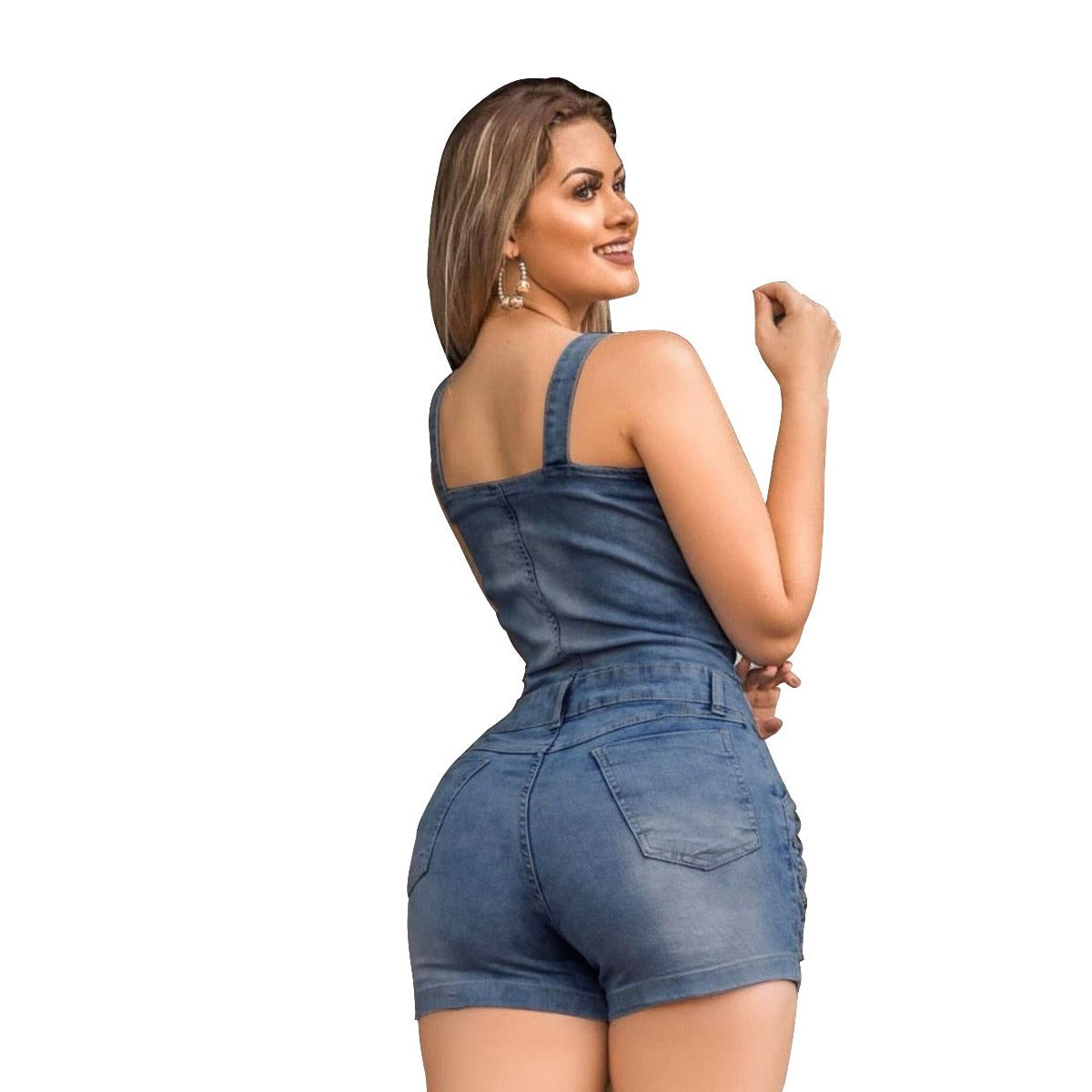 denim slim fit jumpsuit with white spray holes, jumpsuit denim shorts