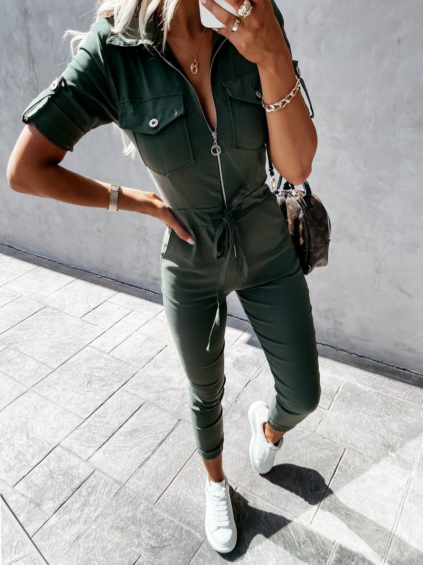 women's casual temperament lapel zipper belt workwear jumpsuit