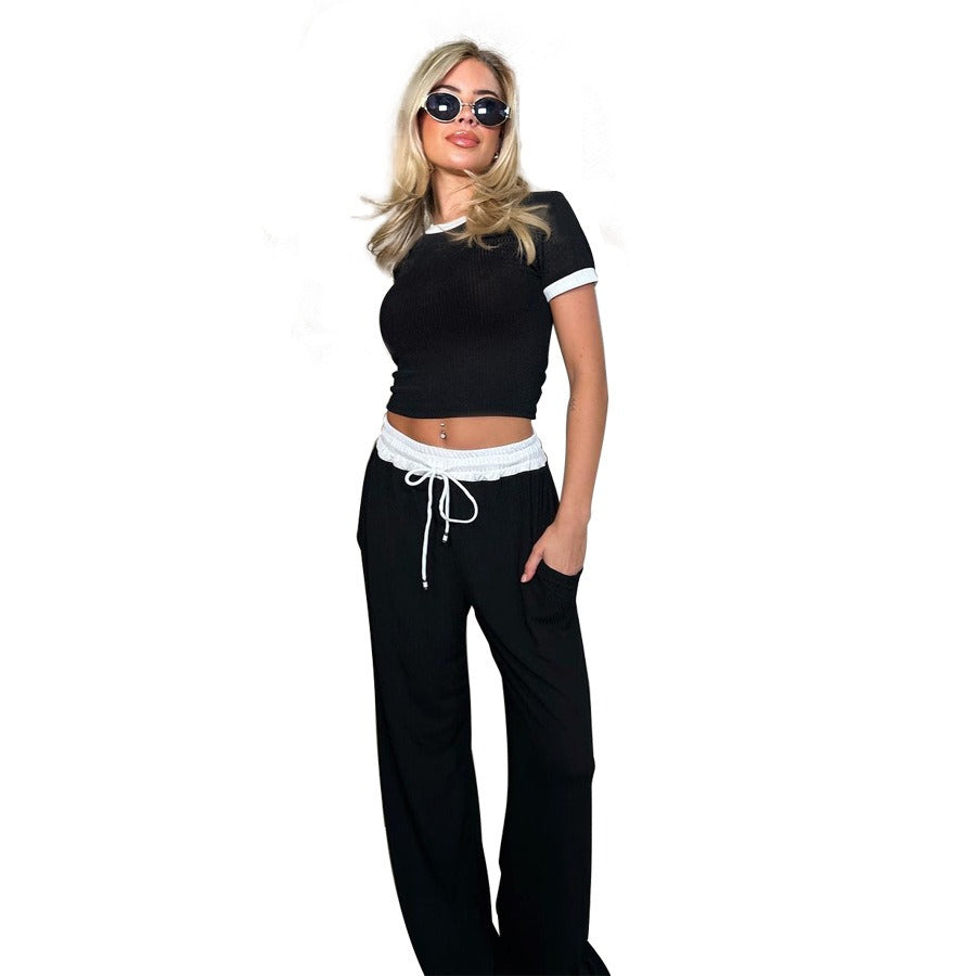 Round Neck Contrast Color Short Sleeve Women's Fashion Casual Wide Leg Pants Sports Suit