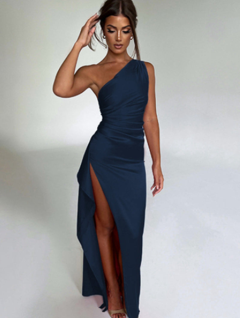 Sexy One-Shoulder Backless Split Dress Summer Elegant Slim-Fit Solid Color Satin Dresses for Women