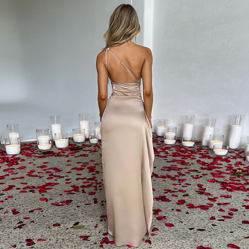 Sexy One-Shoulder Backless Split Dress Summer Elegant Slim-Fit Solid Color Satin Dresses for Women