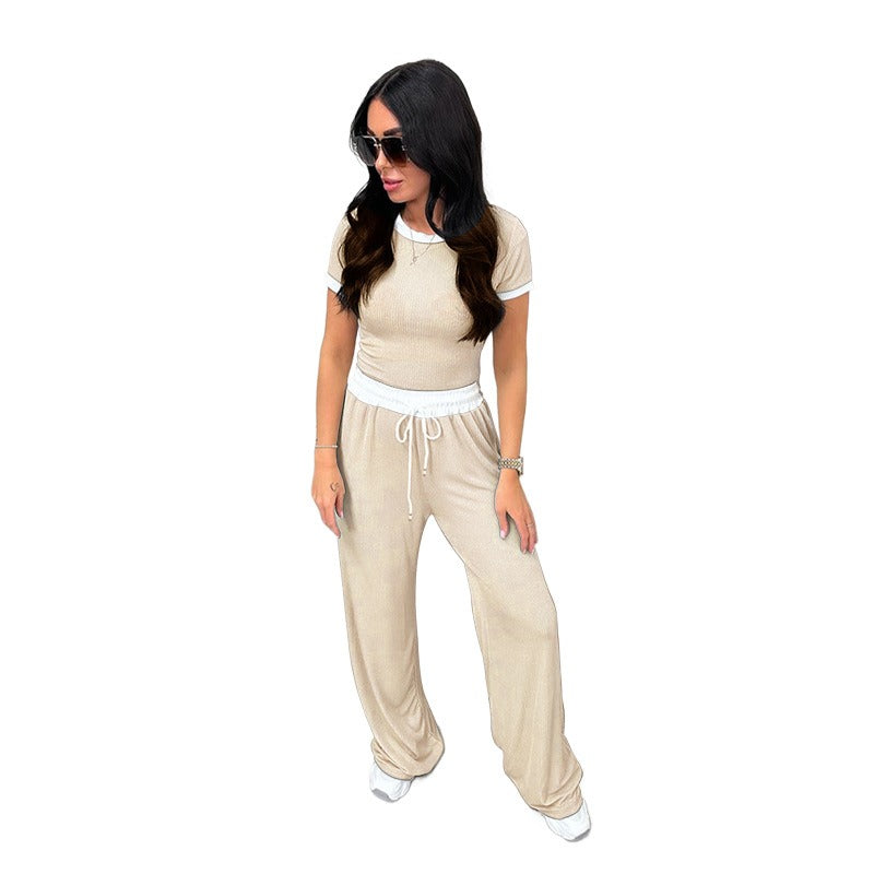 Round Neck Contrast Color Short Sleeve Women's Fashion Casual Wide Leg Pants Sports Suit
