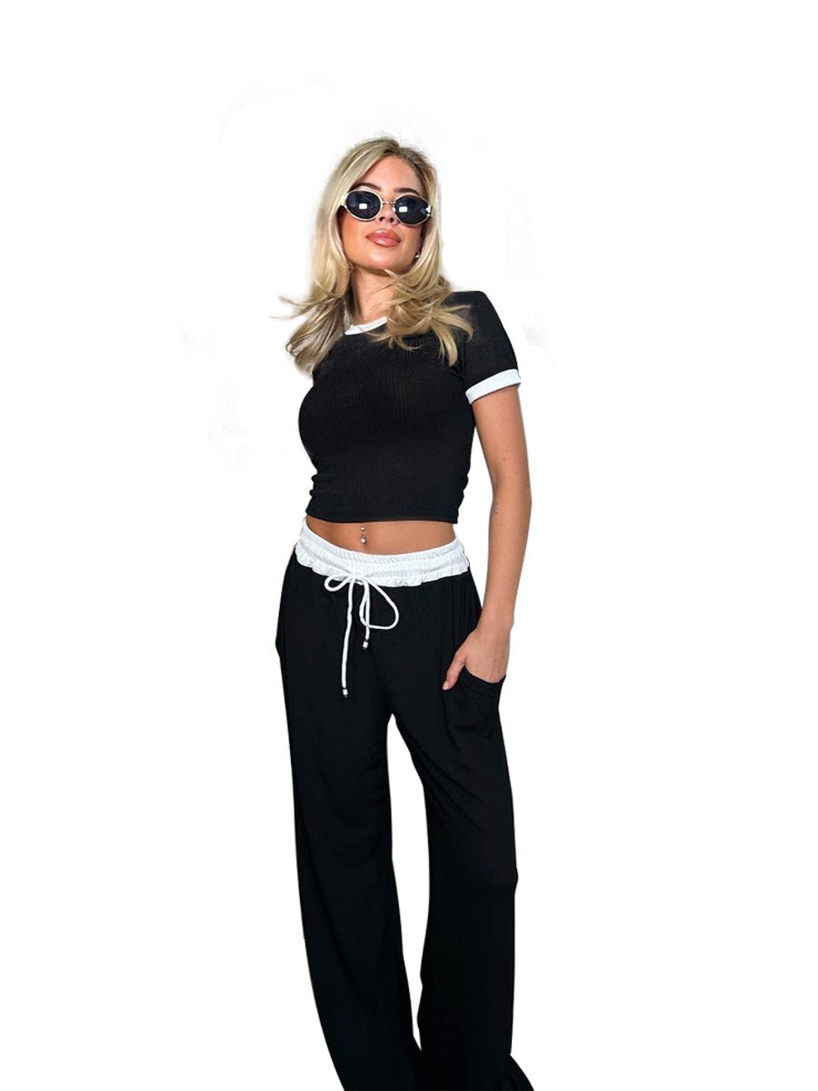 Round Neck Contrast Color Short Sleeve Women's Fashion Casual Wide Leg Pants Sports Suit