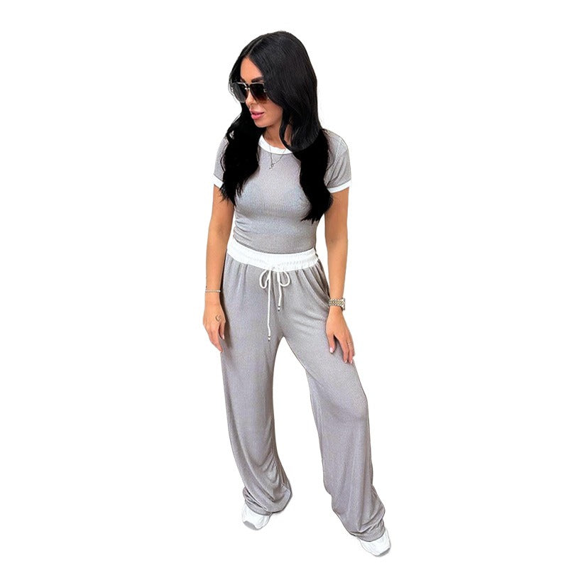 Round Neck Contrast Color Short Sleeve Women's Fashion Casual Wide Leg Pants Sports Suit