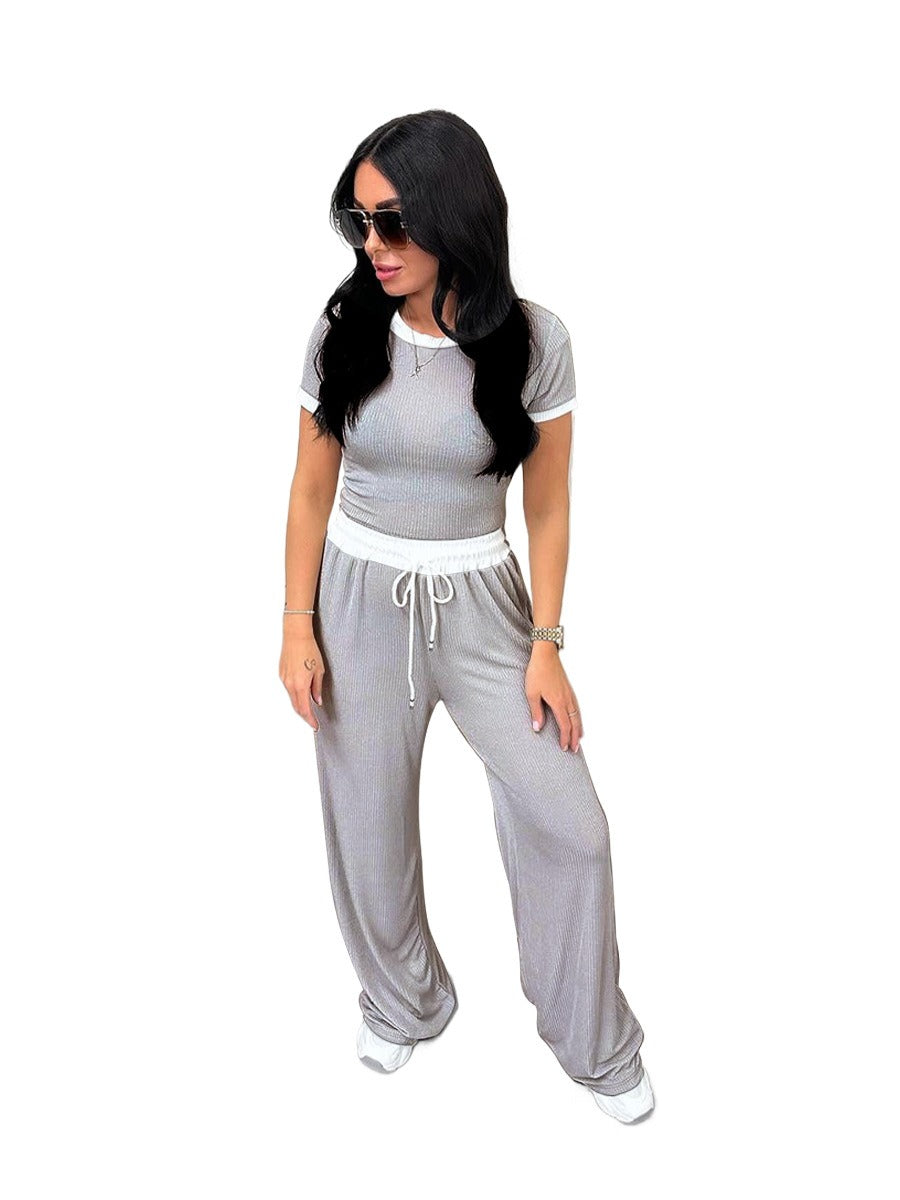 Round Neck Contrast Color Short Sleeve Women's Fashion Casual Wide Leg Pants Sports Suit