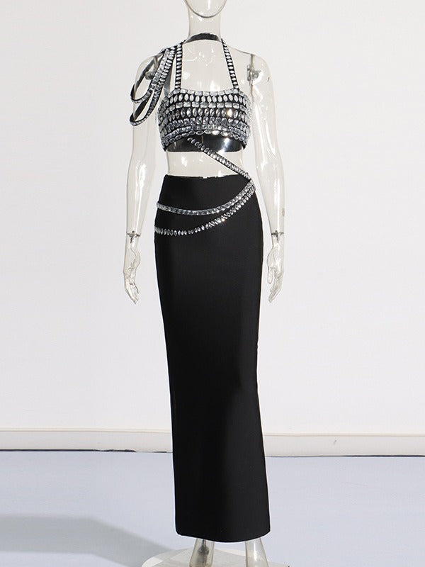 sexy suit, fashion heavy industry diamond-encrusted slanted shoulder tube top + long hip-covering skirt for women