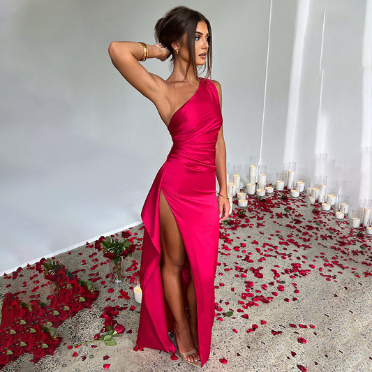 Sexy One-Shoulder Backless Split Dress Summer Elegant Slim-Fit Solid Color Satin Dresses for Women