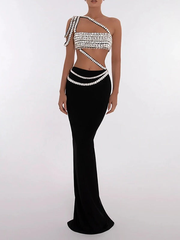 sexy suit, fashion heavy industry diamond-encrusted slanted shoulder tube top + long hip-covering skirt for women