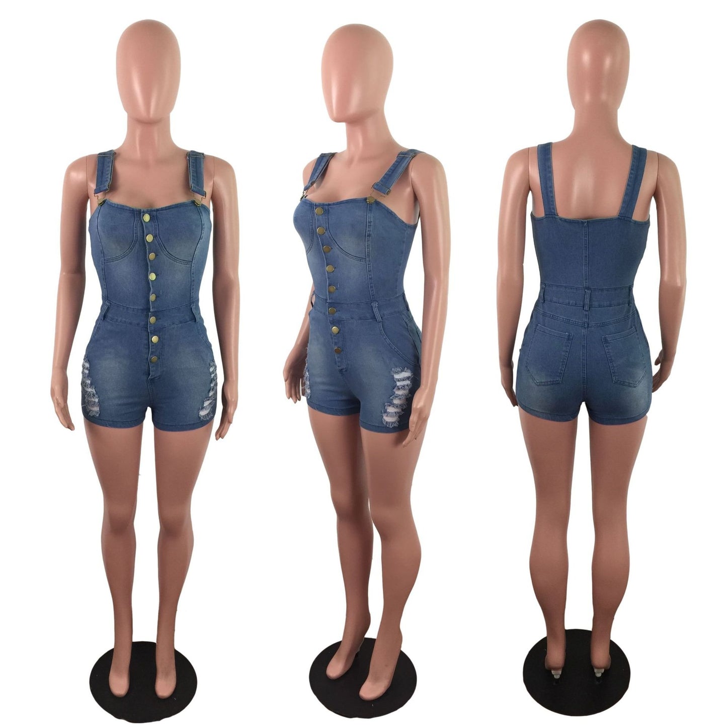 denim slim fit jumpsuit with white spray holes, jumpsuit denim shorts