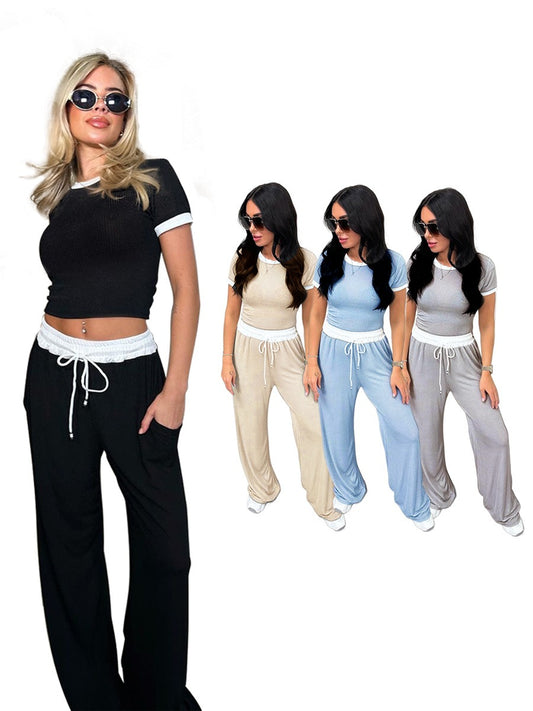 Round Neck Contrast Color Short Sleeve Women's Fashion Casual Wide Leg Pants Sports Suit