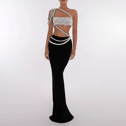 sexy suit, fashion heavy industry diamond-encrusted slanted shoulder tube top + long hip-covering skirt for women