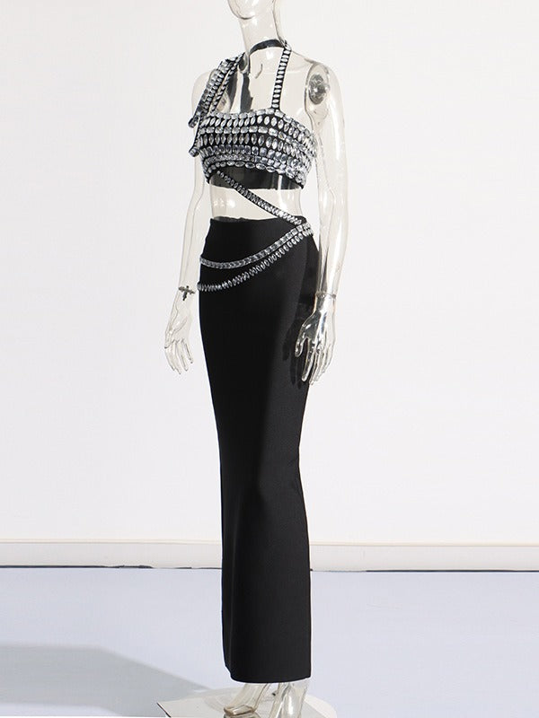 sexy suit, fashion heavy industry diamond-encrusted slanted shoulder tube top + long hip-covering skirt for women