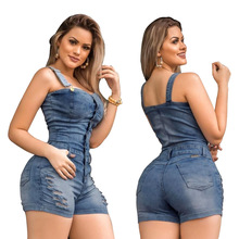 denim slim fit jumpsuit with white spray holes, jumpsuit denim shorts