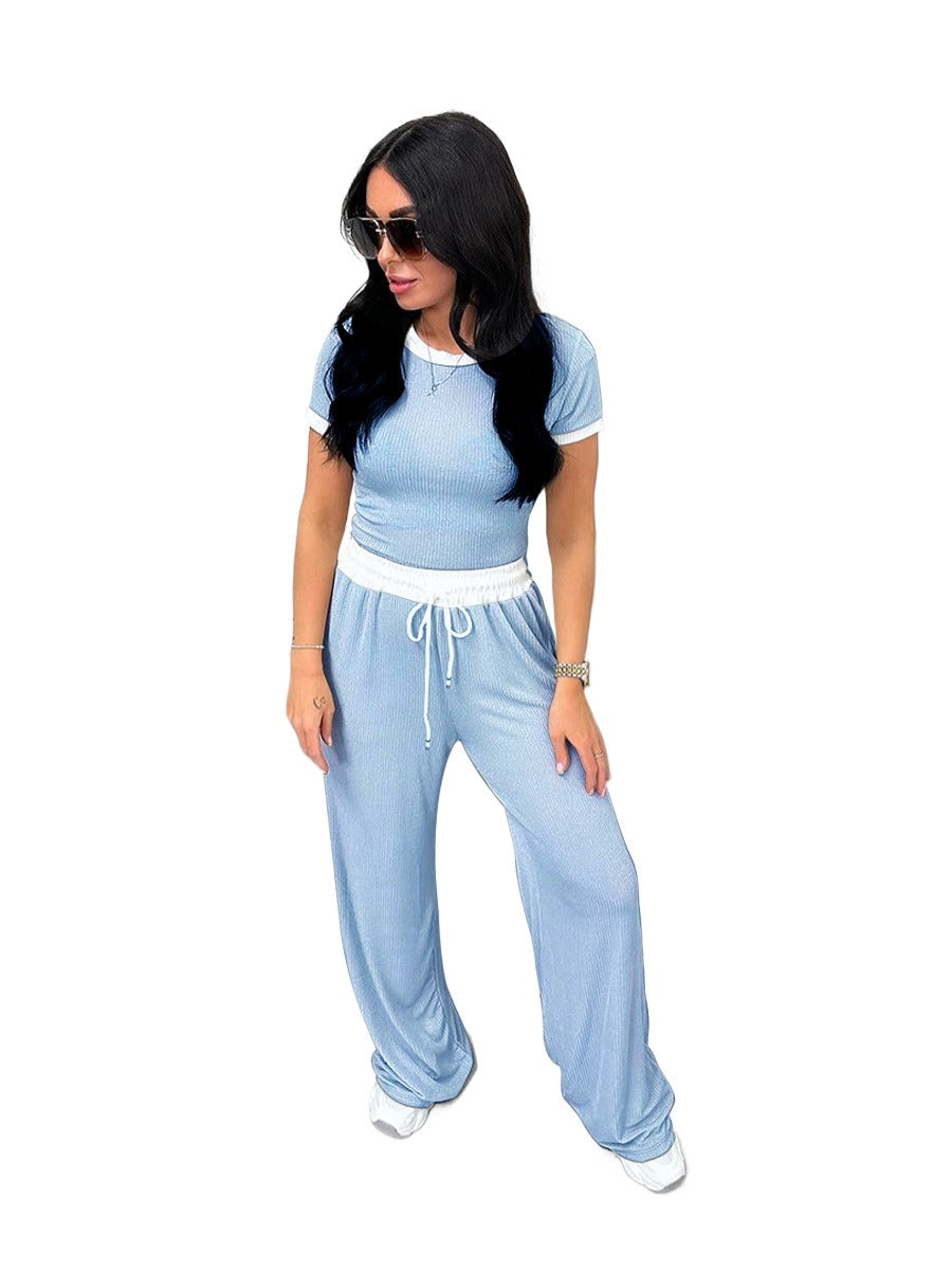Round Neck Contrast Color Short Sleeve Women's Fashion Casual Wide Leg Pants Sports Suit
